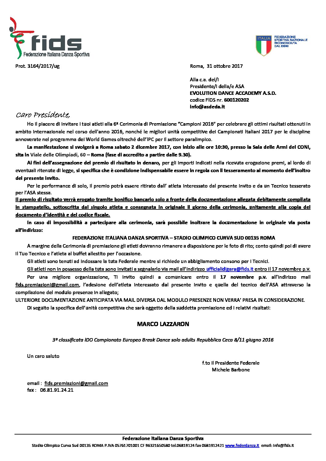 PREMIAZIONE CAMPIONI  FIDS 2016